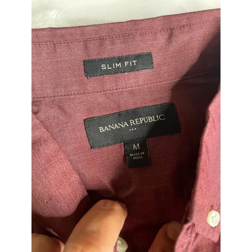 Banana Republic Slim Fit Short Sleeve Button Down Shirt Medium Red Burgundy M